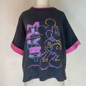 Vintage 80s 90s Mickey Mouse Neon Print Boxy Cropped T Shirt Faded Black Pink